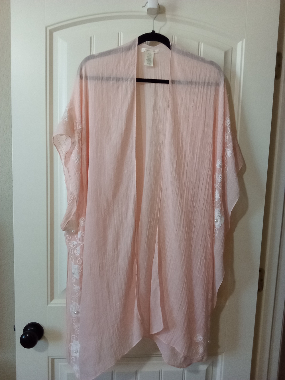 Sheer Light Peach Embroidered Kimono Open Cardigan One Size